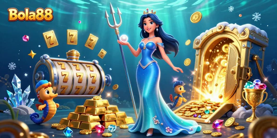 Bola88 offers a vibrant scene with a glowing pearl, seahorse king, and slot reels symbolizing winning opportunities.