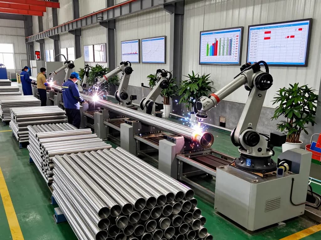 Stainless steel pipe manufacturing with sumwin products, active workers and advanced machinery in facility setting.