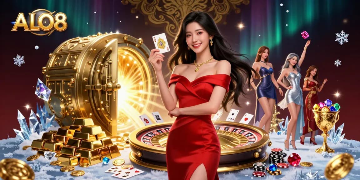 Experience the thrill of ALO8 with a stunning Asian dealer and golden casino elements.