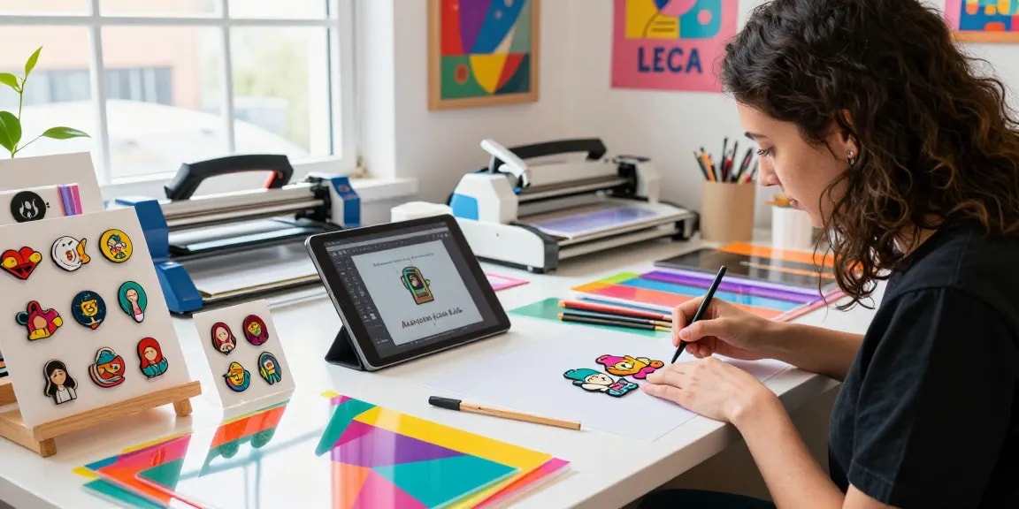 Creative designer crafting custom acrylic pins in a bright workspace.