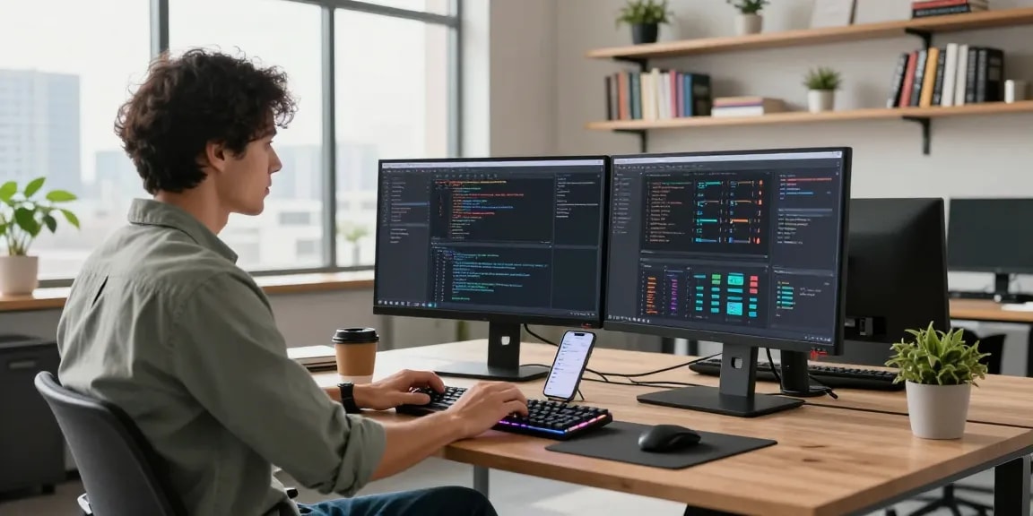 Software developer at a modern workspace showcasing c88nano.com coding tools and dynamic office environment.