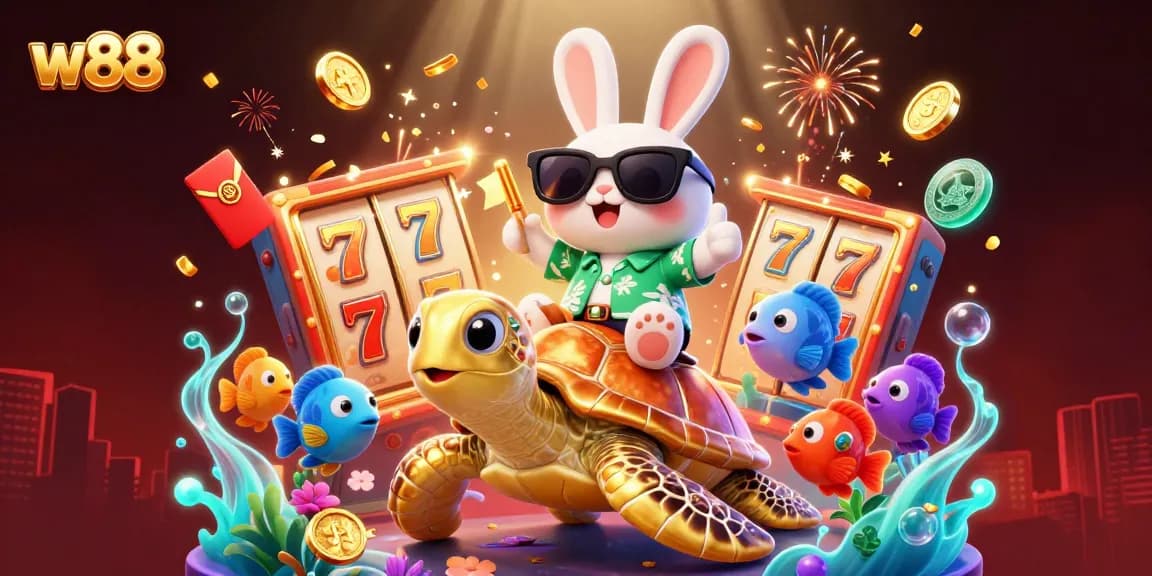 Engage with the thrilling w88 casino experience through colorful 3D illustration of lucky symbols, characters, and games.