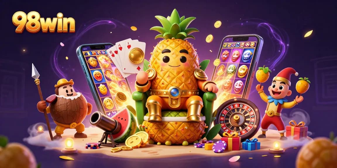 Win big at 98win with the golden pineapple king surrounded by exciting casino elements.