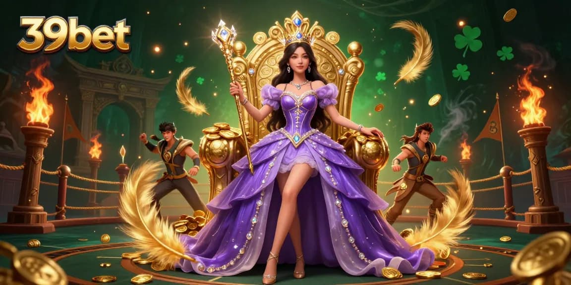Engage in thrilling gameplay at 39bet, featuring an enchanting scene with a regal princess, golden coins, and vibrant casino elements.
