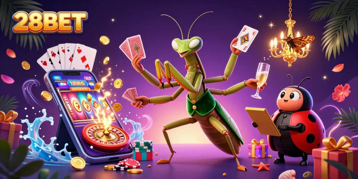 Experience excitement at 28BET with a giant praying mantis dealer and lively casino scene.
