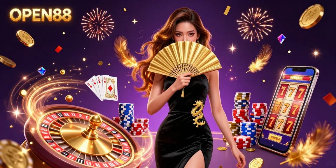 Experience the excitement of OPEN88 with stunning visuals of a beautiful woman and casino elements, capturing the thrill of gaming.