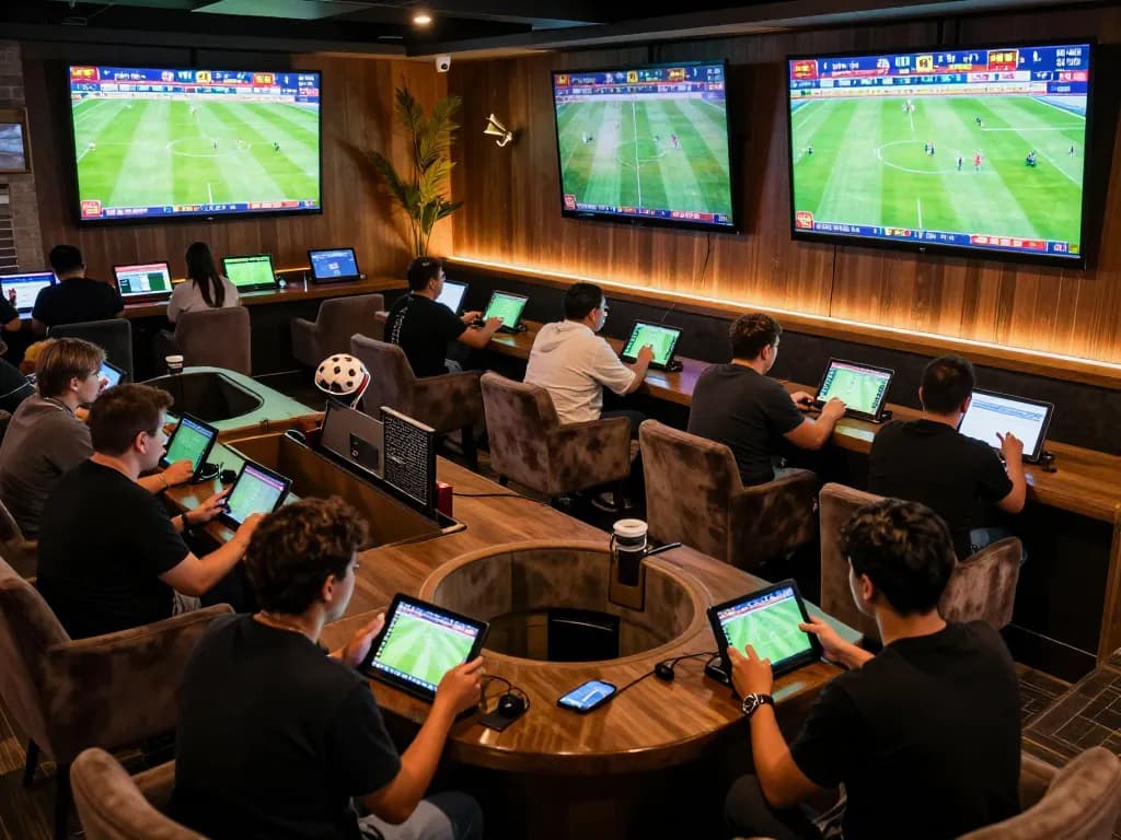 Cakhia fans cheering in a stylish sports betting lounge, screens displaying live matches.
