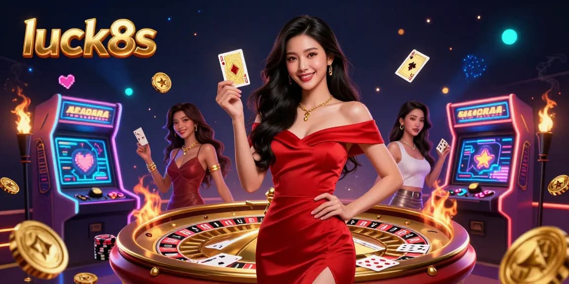 Experience excitement at luck8s with a beautiful Asian dealer holding a golden playing card among casino elements.
