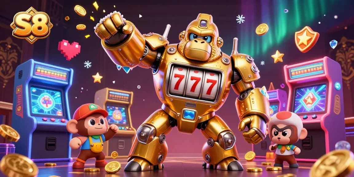 S8's dynamic 3D illustration showcases a golden gorilla mech surrounded by vibrant casino gaming elements.