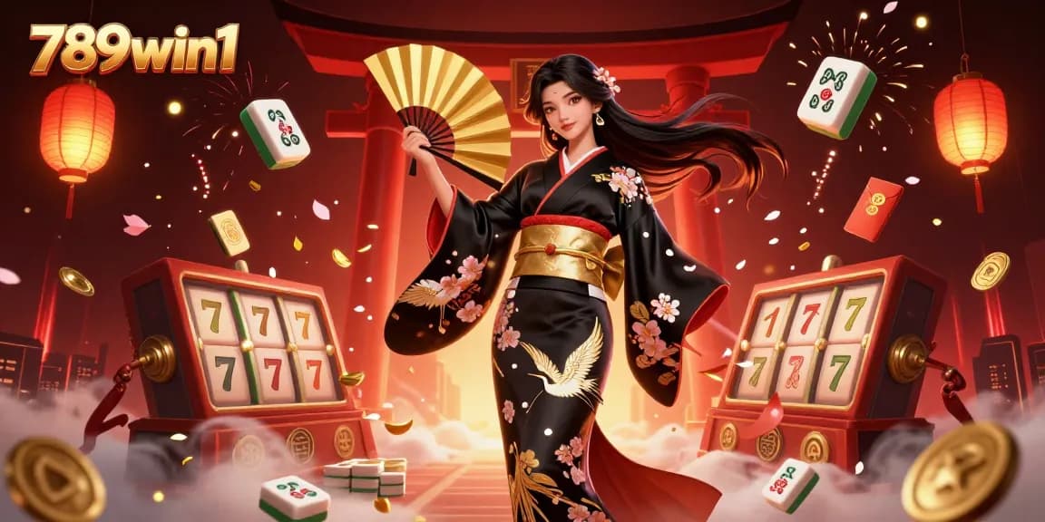 Immerse in 789win1's dynamic casino scene with a graceful Asian woman celebrating winning spins.