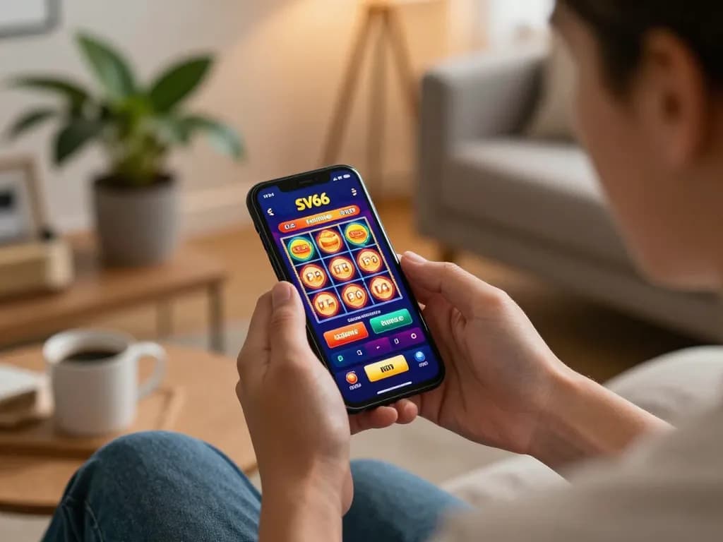 Gaming on the SV66 app showcasing exciting slots in a cozy home setting.