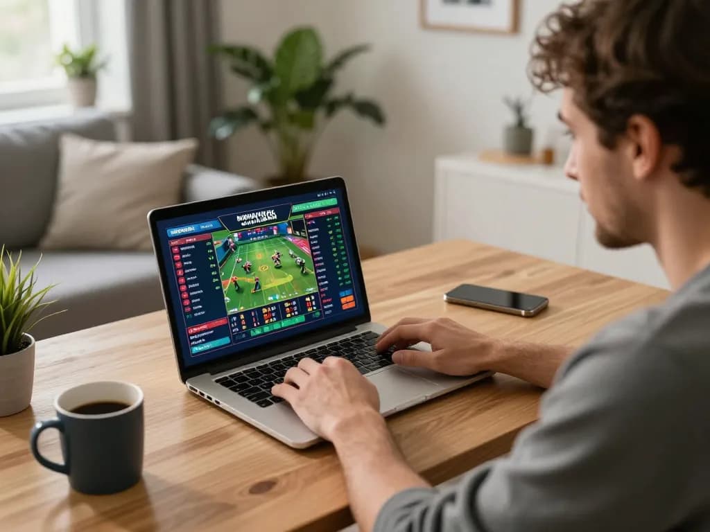 Player engaging in sports betting at home using the o8net3 platform, highlighting strategic analysis.