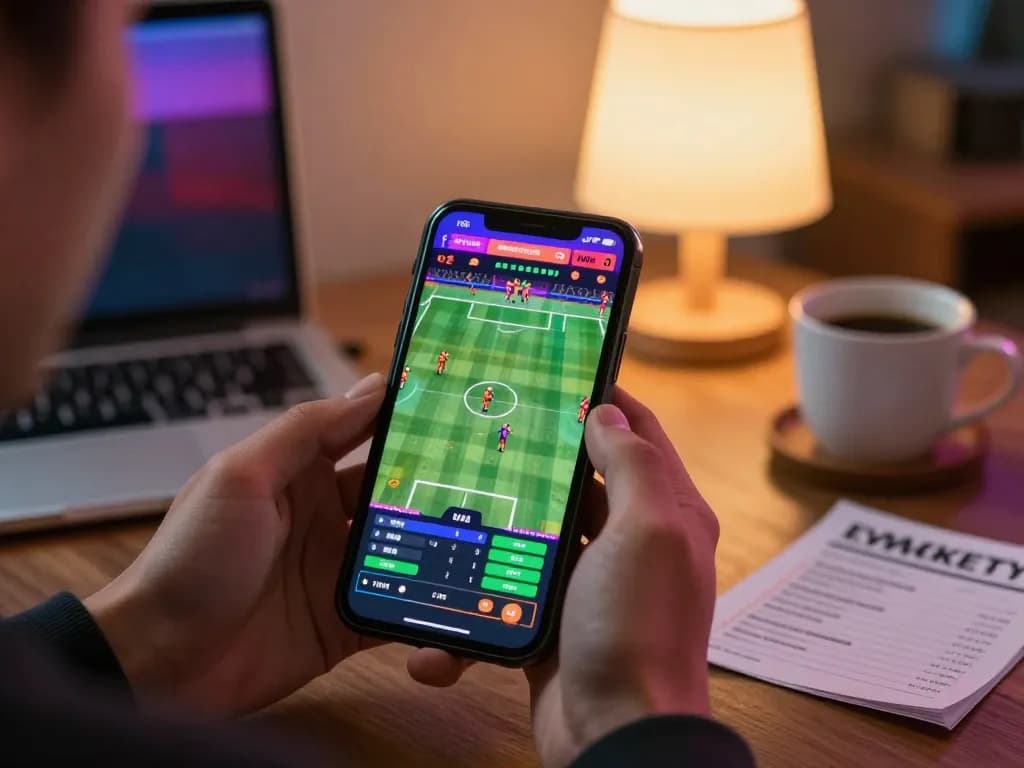 Engaging in sports betting on go89 smartphone in a cozy living room.
