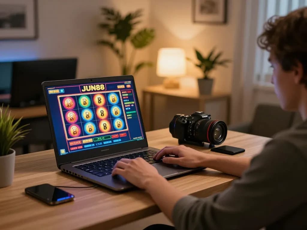 Player engaging with JUN88 casino slots on a modern laptop setup, showcasing vibrant gameplay and interactive features