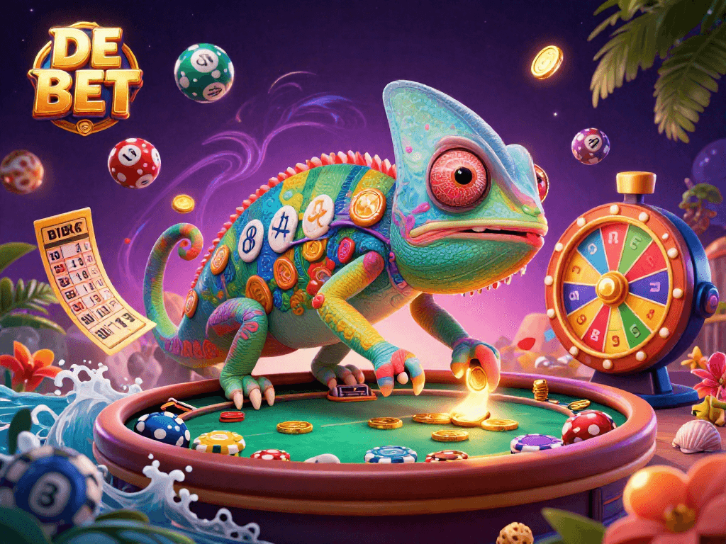 Engage in DE BET at an exciting casino scene with a vibrant chameleon owner and dynamic game elements.