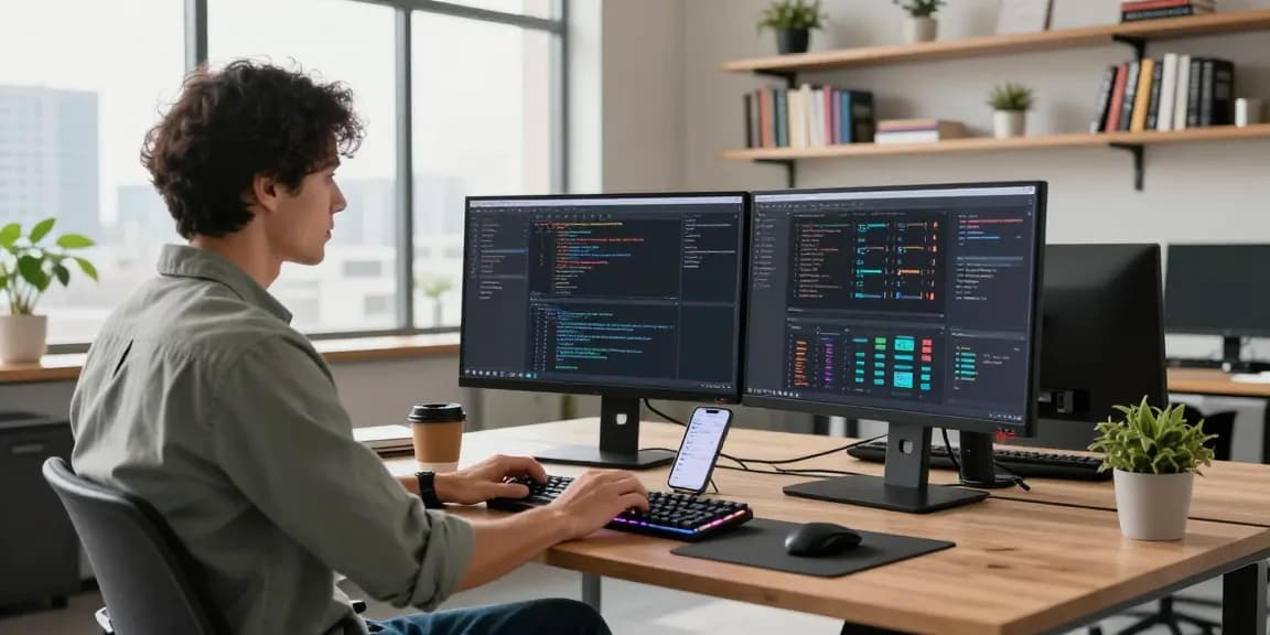 Software developer at a modern workspace showcasing c88nano.com coding tools and dynamic office environment.