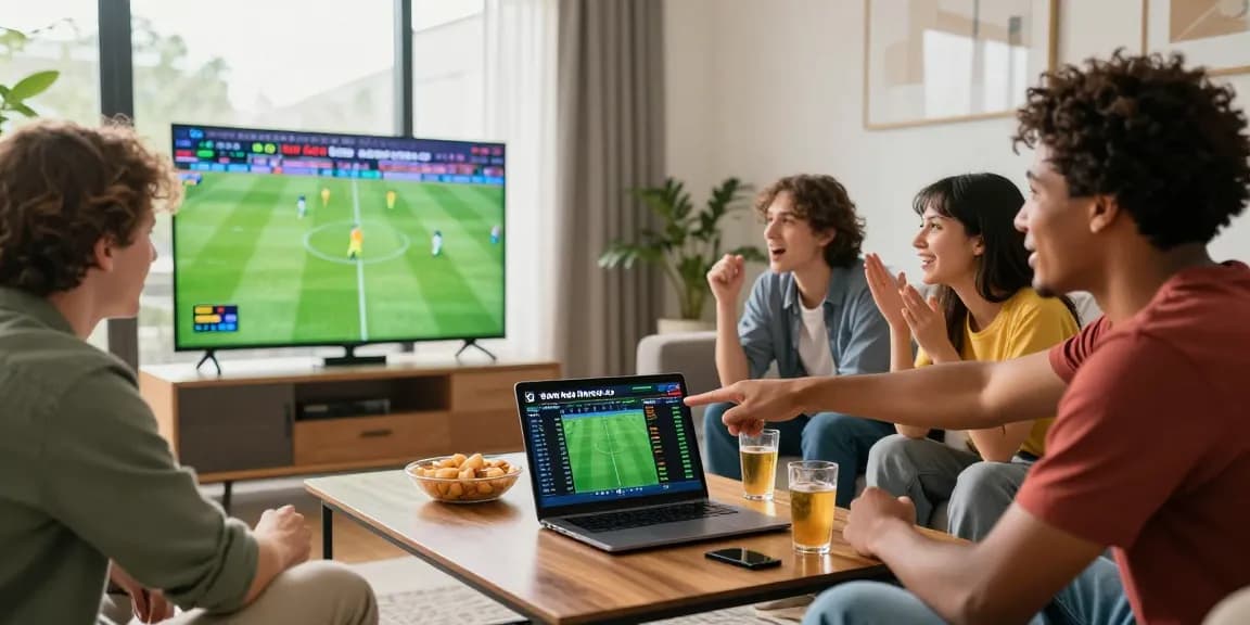 Friends discussing tỷ lệ kèo nhà cái 5 while watching a football match in a lively living room setting.
