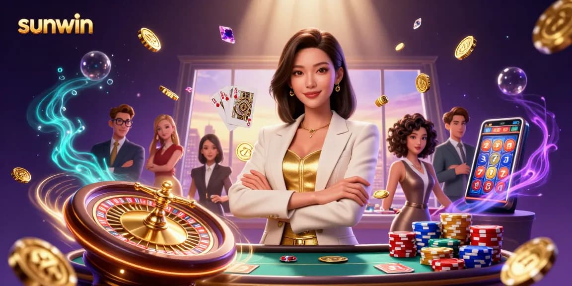 Experience sunwin's vibrant casino atmosphere with a glamorous Asian lady holding cards.