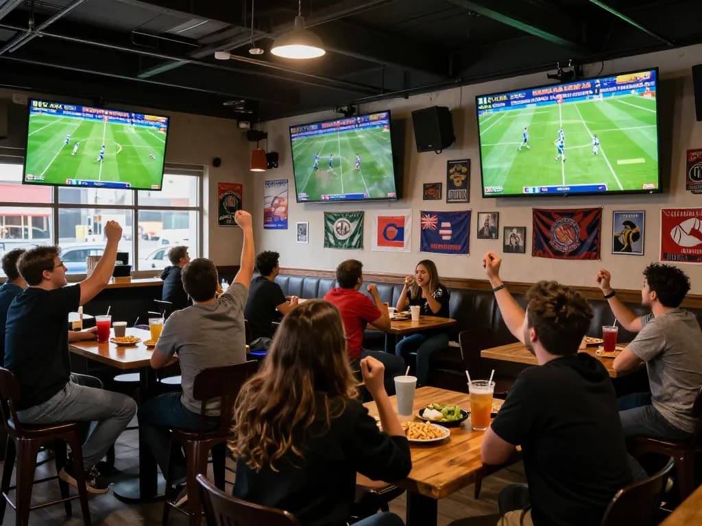 CakhiaTV Link Xem Bóng Đá Trực Tuyến Full HD, Không Chặn in a lively sports bar room during a match day.