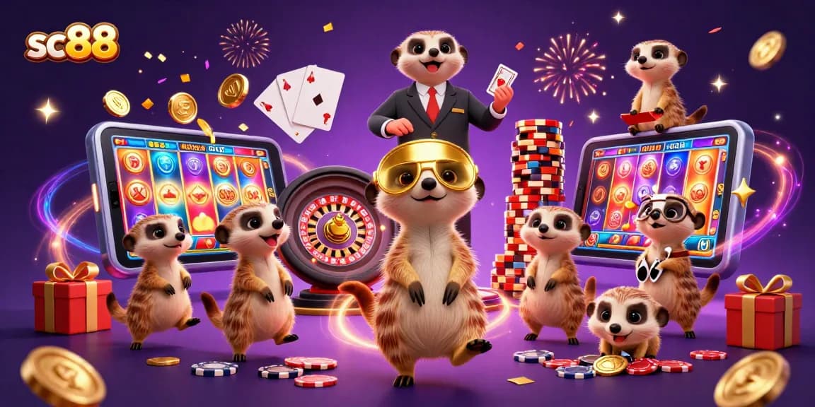 Engage with the sc88 casino adventure featuring meerkats in thrilling gambling action surrounded by vibrant game elements.