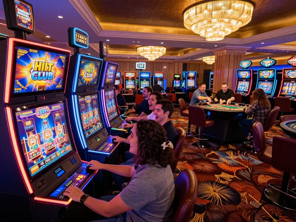 Players enjoying the HIT CLUB slot machine area in a vibrant casino, showcasing excitement and colorful visuals