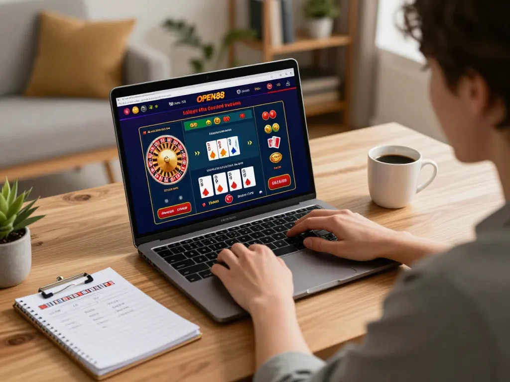 Engaging with open88 online casino on a laptop in a cozy home office.