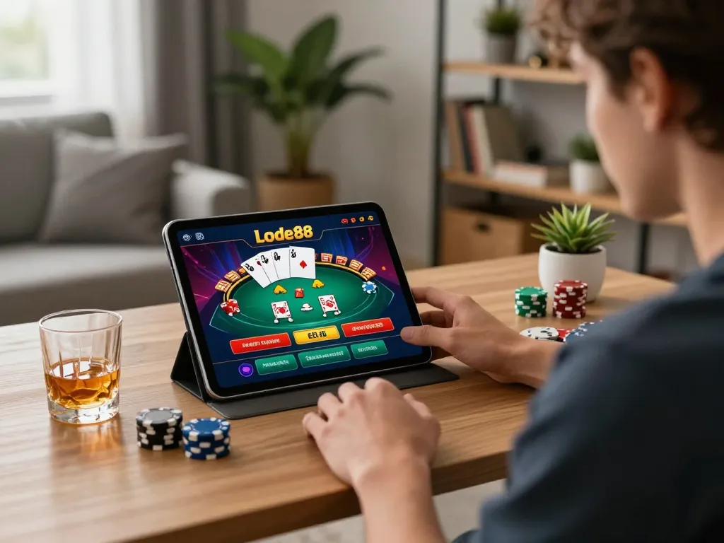 Lode88 player engaging with thrilling online poker game on tablet in a stylish home setting.