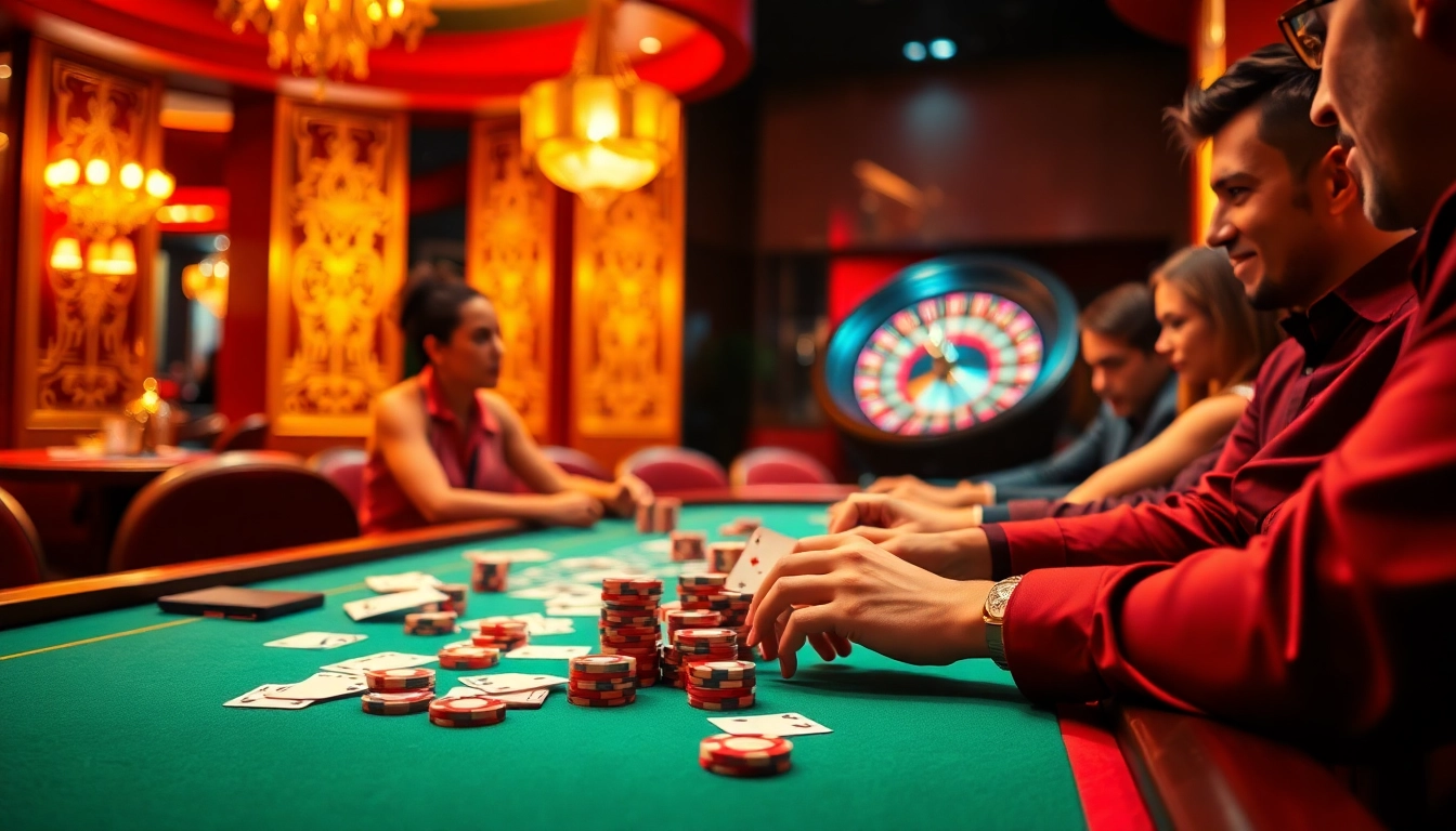 Exciting RR888 gambling scene with players at a vibrant casino table, showcasing a lively atmosphere.