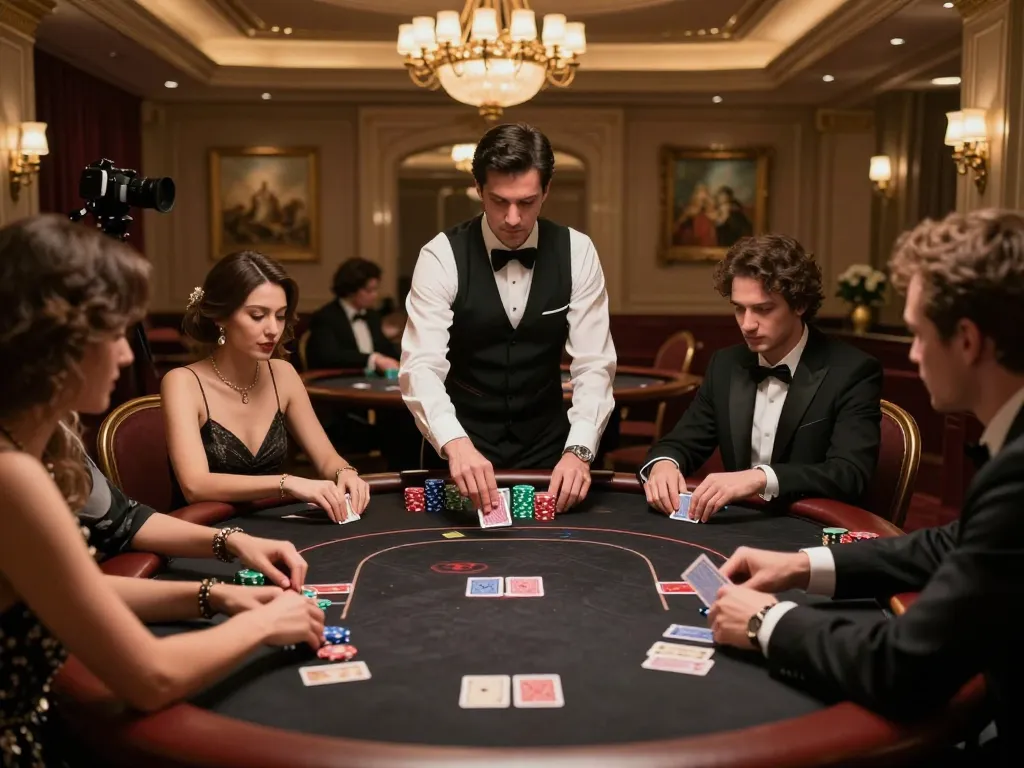 Players at a high-stakes poker game at debet23 casino, showcasing serious gameplay and luxury atmosphere.
