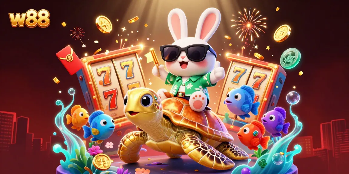 Engage with the thrilling w88 casino experience through colorful 3D illustration of lucky symbols, characters, and games.