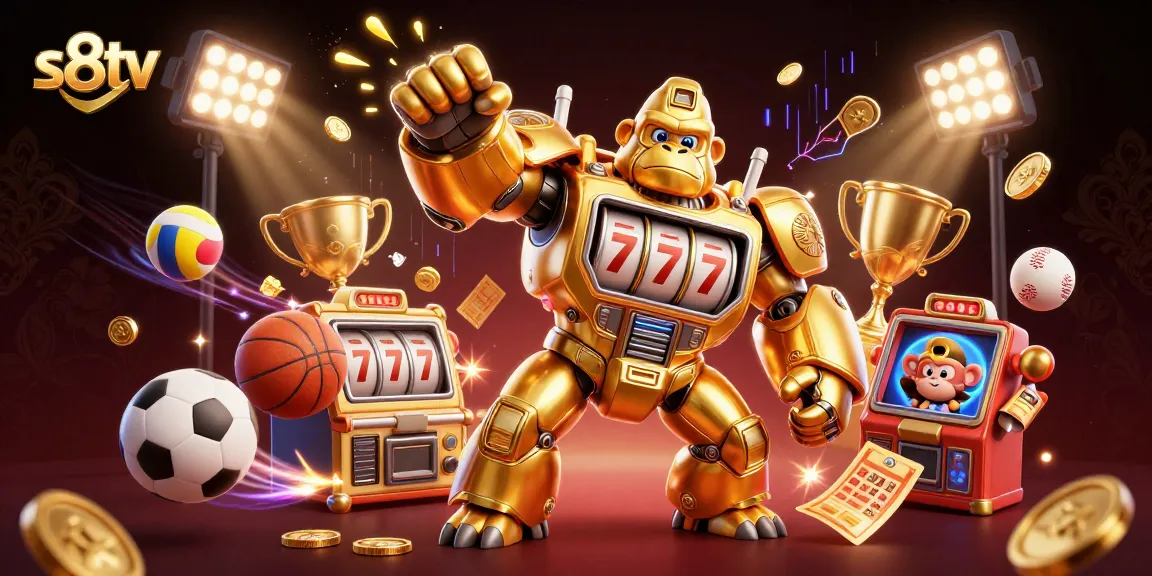 Watch thrilling sports action with s8tv's unique golden gorilla mech and dynamic elements.