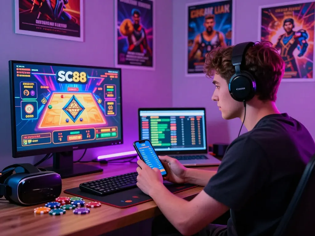 Exciting online gaming experience on https://sc88e.net/ with player engaged on high-resolution screen, smartphone in hand, vibrant casino atmosphere.