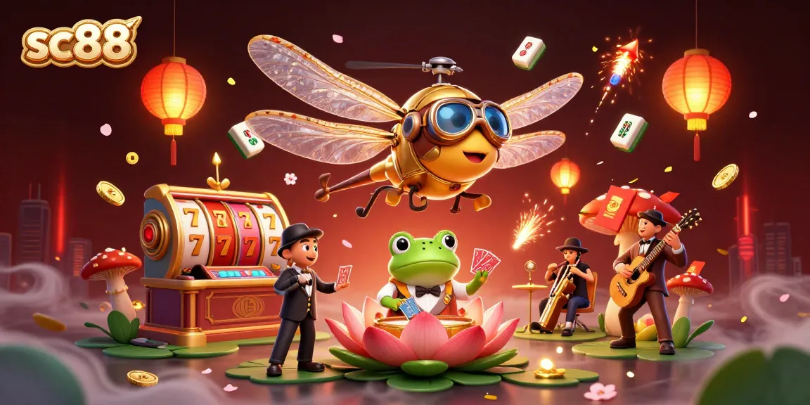 Spin slot reels with sc88's vibrant interactive casino elements featuring a dragonfly pilot and frog croupier.
