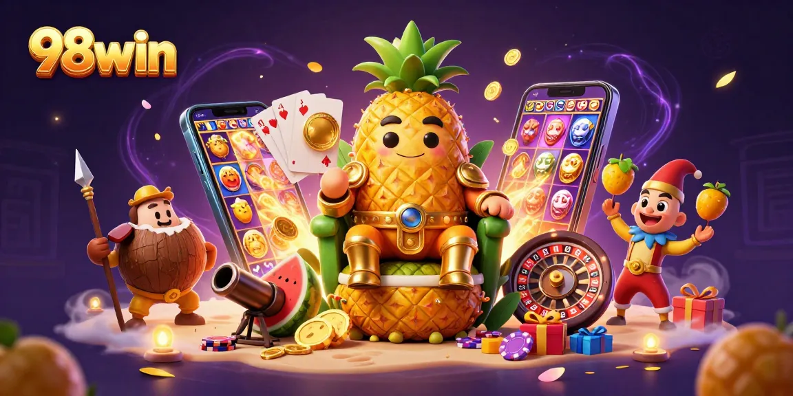 Win big at 98win with the golden pineapple king surrounded by exciting casino elements.