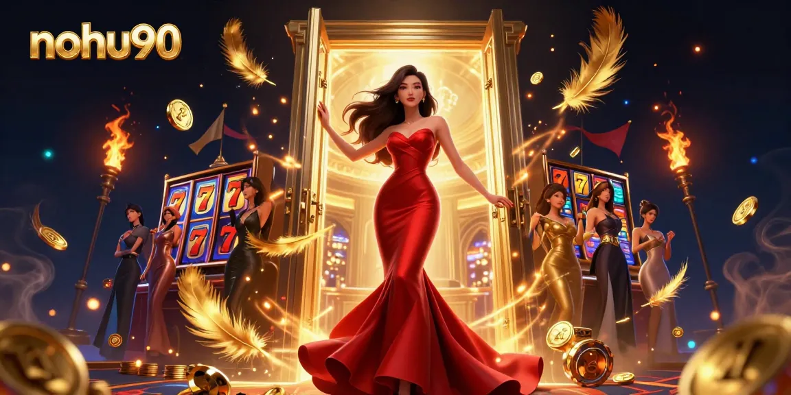 Bet on nohu90 with an enchanting Asian woman in a casino doorway showcasing vibrant gaming elements.