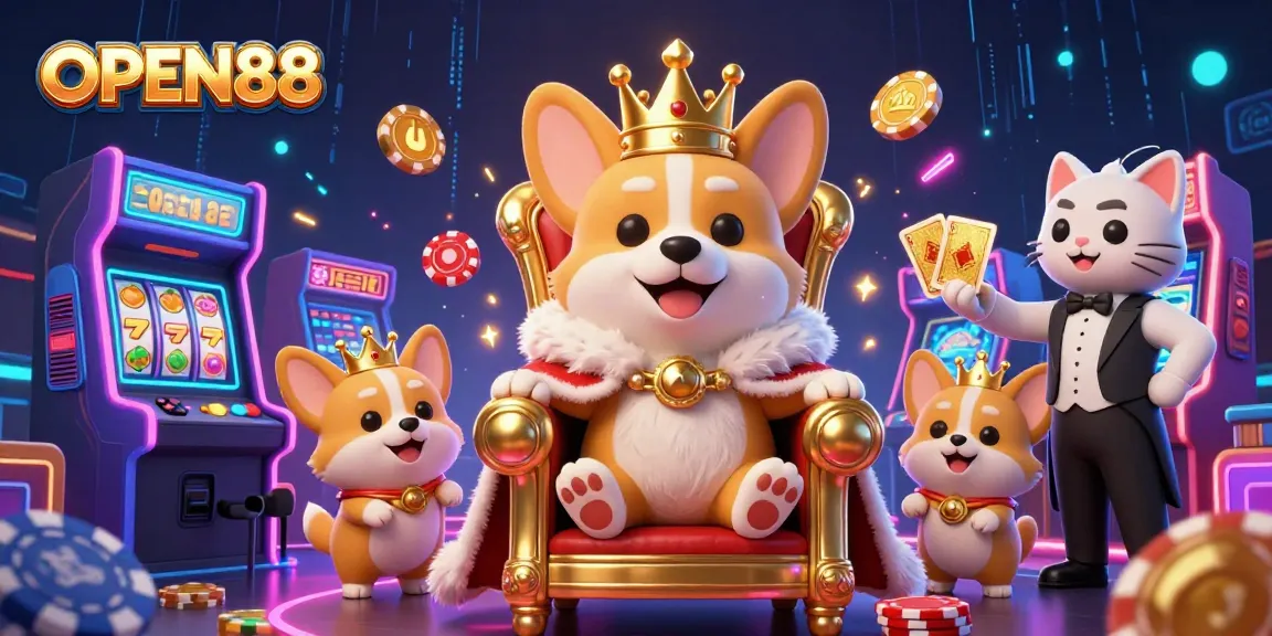 WIN big with OPEN88 as a royal corgi rules the casino landscape filled with vibrant game machines and colorful slot elements.