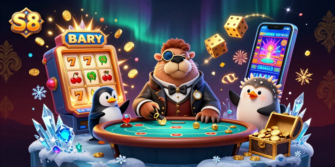 S 8 interactive gaming scene with a walrus, penguin dealer, and pufferfish poker player amidst vibrant casino elements.