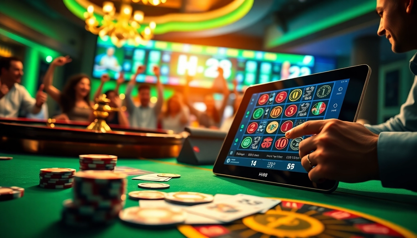 Experience thrilling gameplay at Hi88 with poker chips and roulette in a vibrant casino scene.