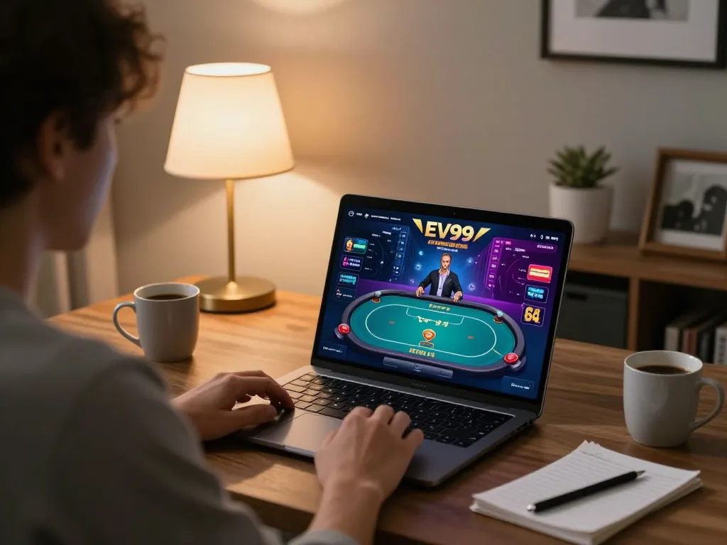 Playing the EV99 game on a laptop, showcasing a strategic online gaming environment with notes and warm lighting