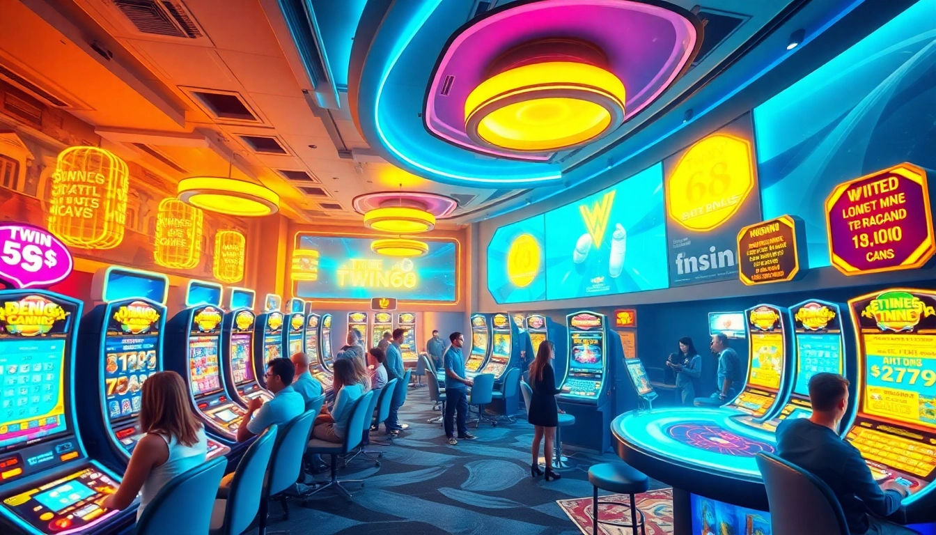 Twin68 online gaming platform showcasing a vibrant casino ambiance with enthusiastic players and sleek interfaces.
