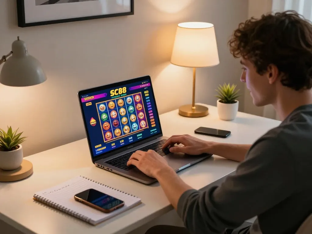 Engaged player enjoying SC88 social online slots at home with laptop and notes.