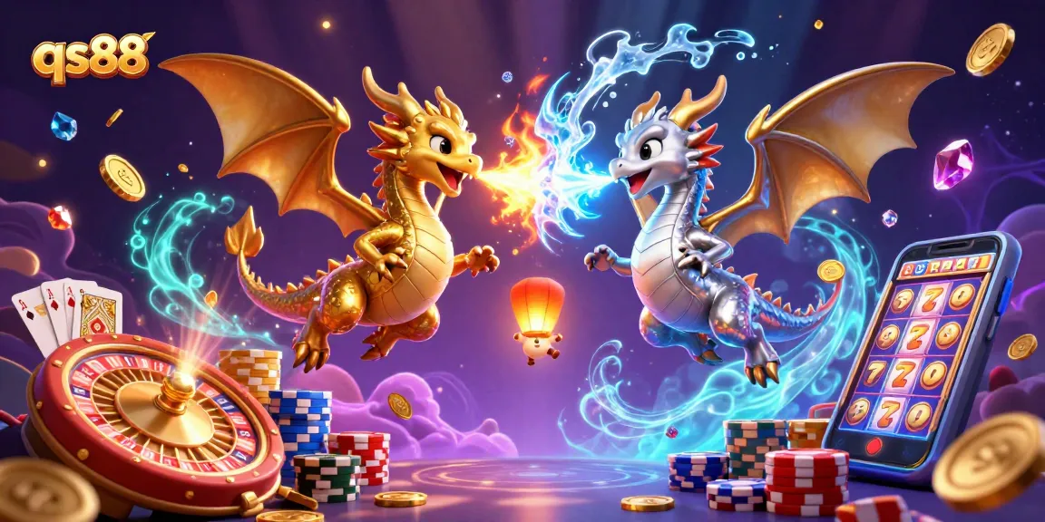 qs88 casino features twin dragons amidst cascading gems, showcasing thrilling gaming action
