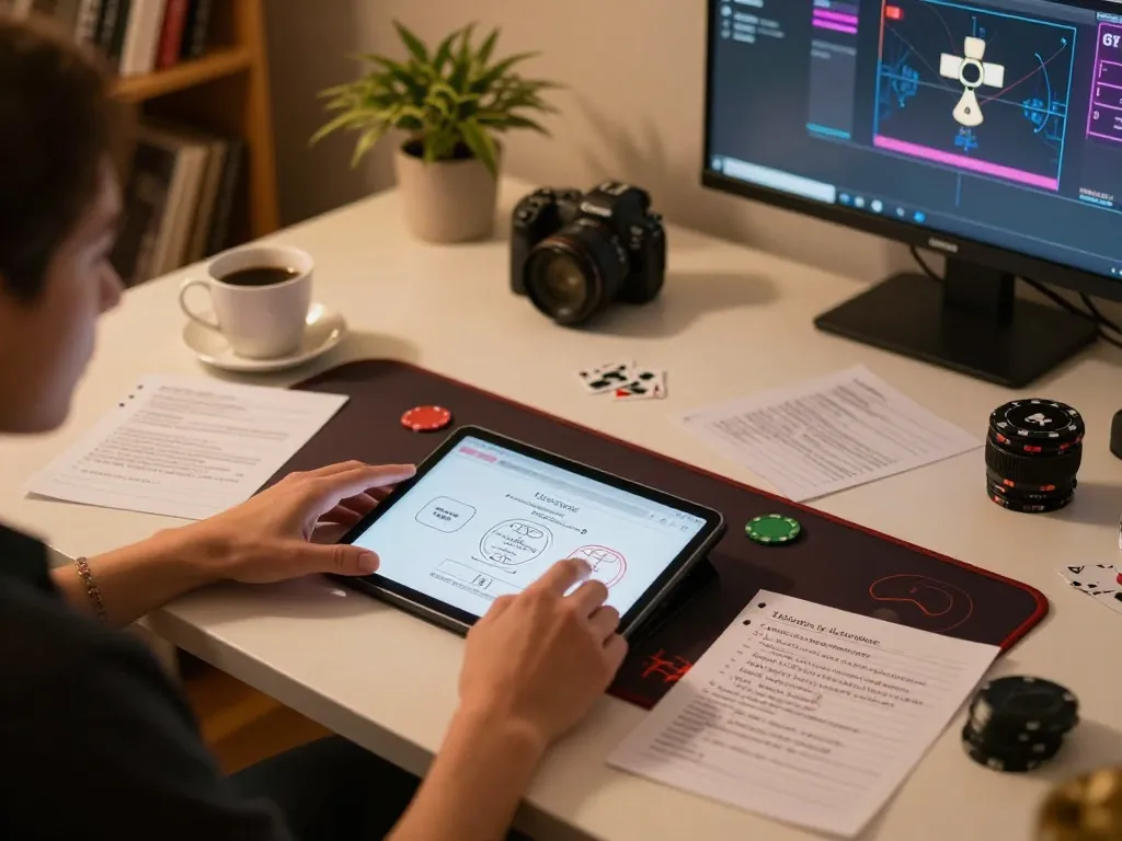 Engaged in online poker at https://vin88.is/, a player strategizes with notes and a tablet in a cozy home setting.
