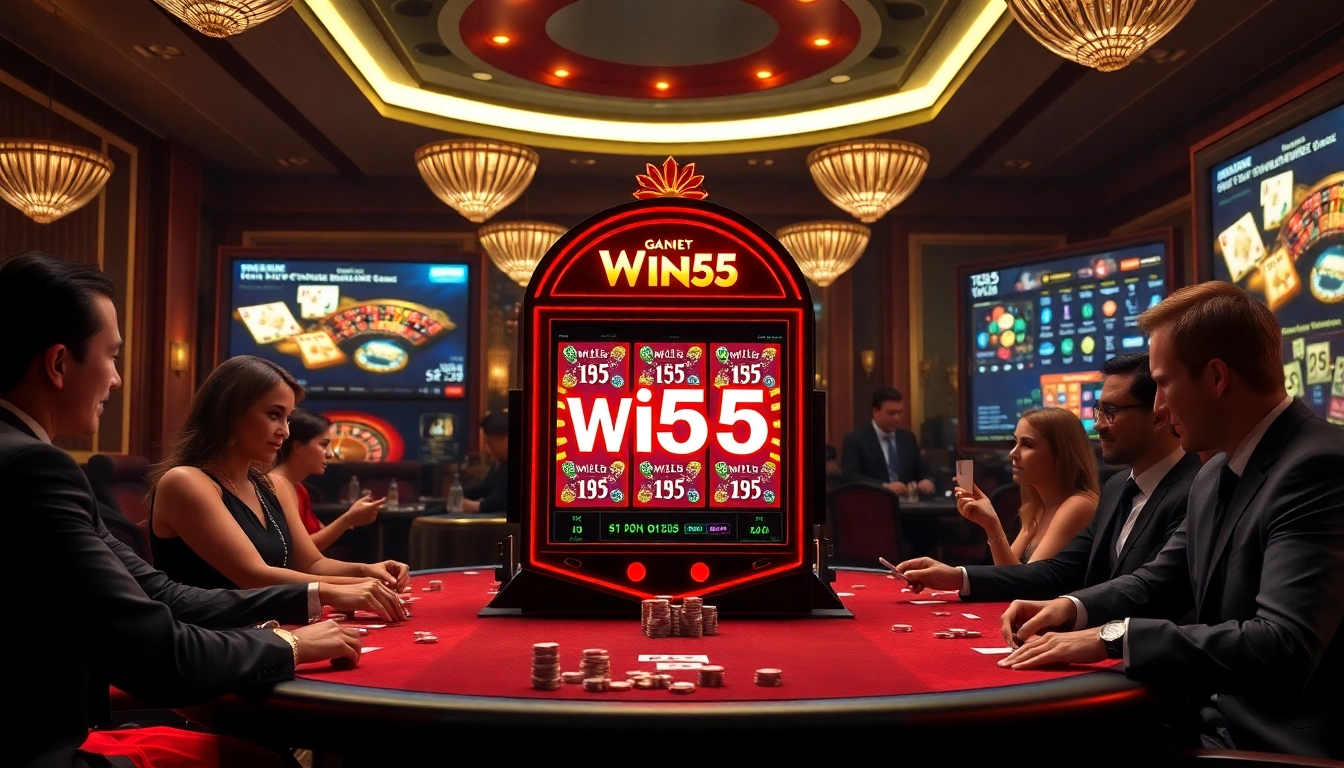 Win55 branded slot machine creates excitement among gamblers at the luxurious casino.