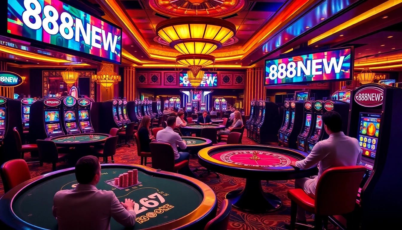 Experience the thrill of winning at 888NEW with vibrant casino tables and excited players.