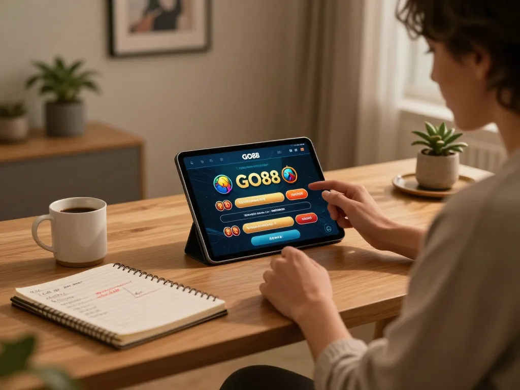 Engaging gameplay on the GO88 app, a person enjoying online casino from their cozy home.