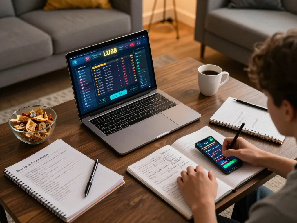 Engaging in online gambling at LU88 with a well-organized gaming setup and friendly atmosphere.