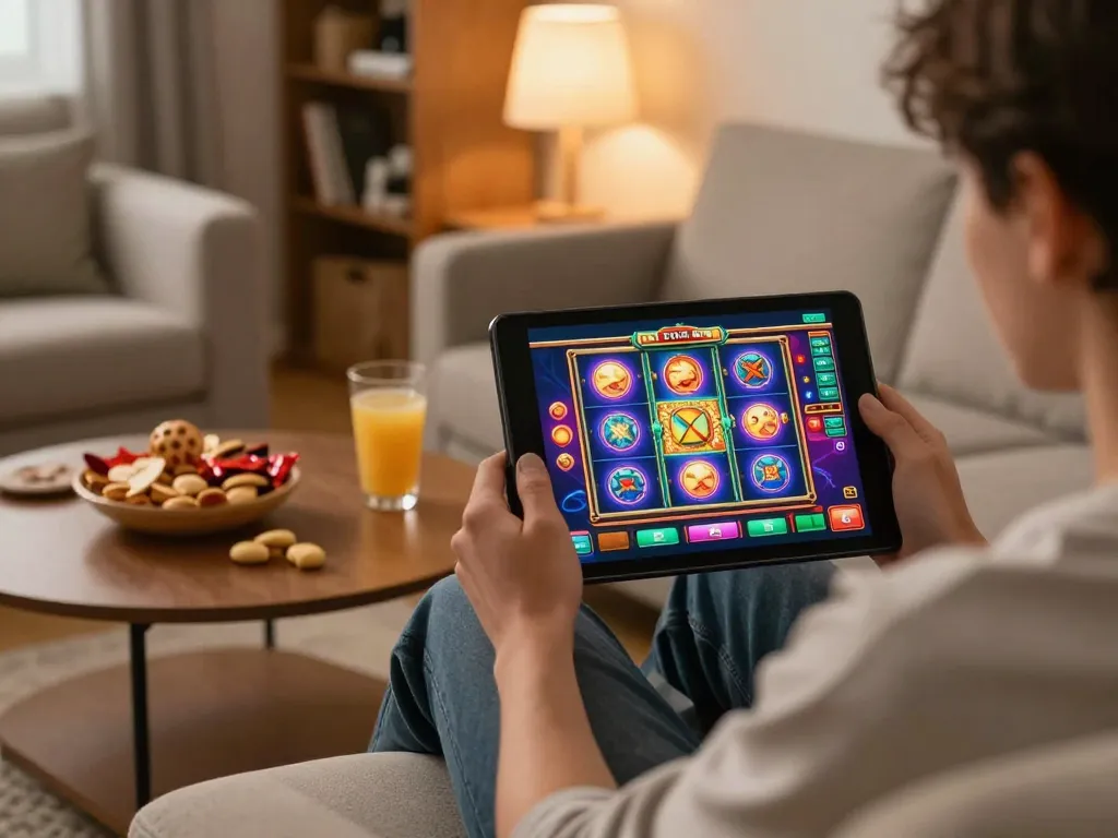 Engaging in online casino gaming on 8kbetcom with vibrant slot interface, creating a cozy home atmosphere.