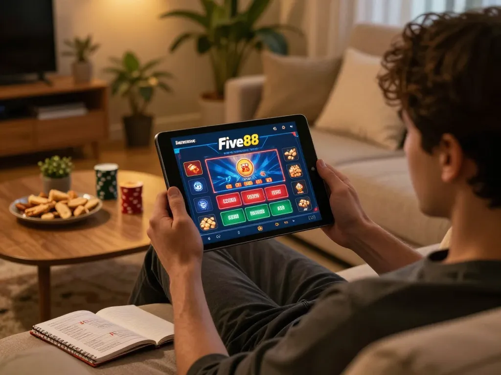 Engaged player using Five88bc tablet for online casino gaming at home, showcasing casual with strategic betting.
