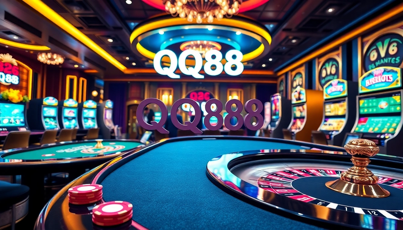 QQ88 players engaging in vibrant casino action with luxurious tables and colorful chips